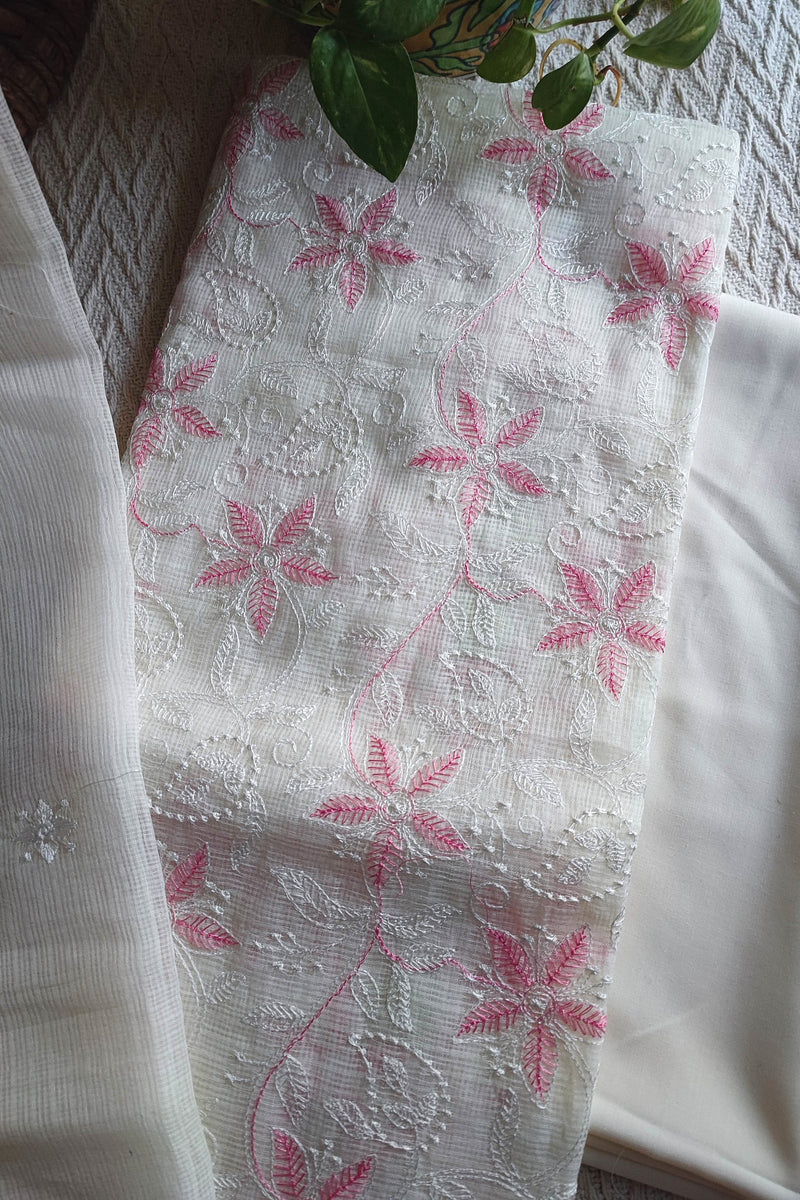 Off White Kota Embroidered Suit with Pink Floral Work & Cotton Bottom