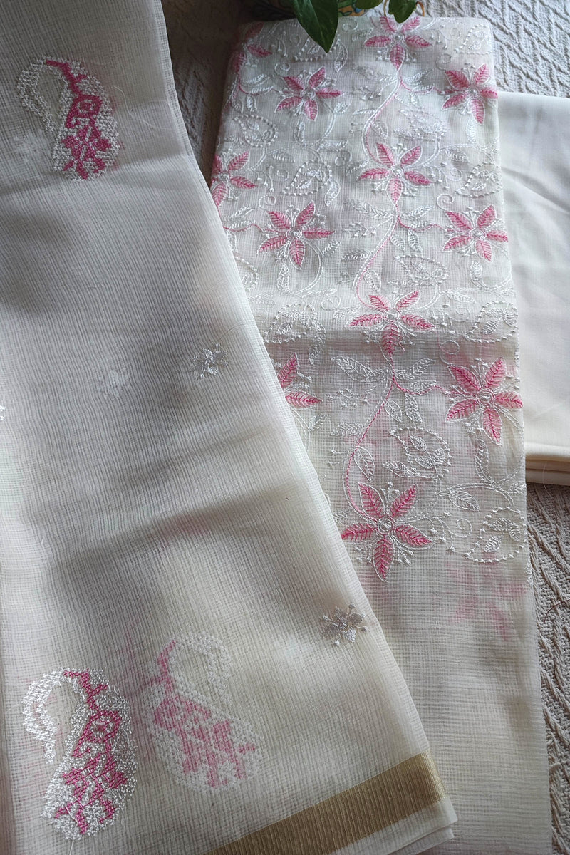 Off White Kota Embroidered Suit with Pink Floral Work & Cotton Bottom