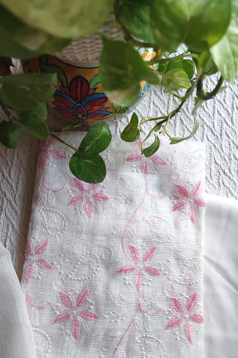 Off White Kota Embroidered Suit with Pink Floral Work & Cotton Bottom