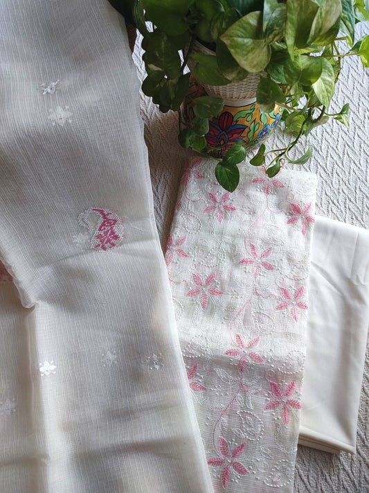 Off White Kota Embroidered Suit with Pink Floral Work & Cotton Bottom