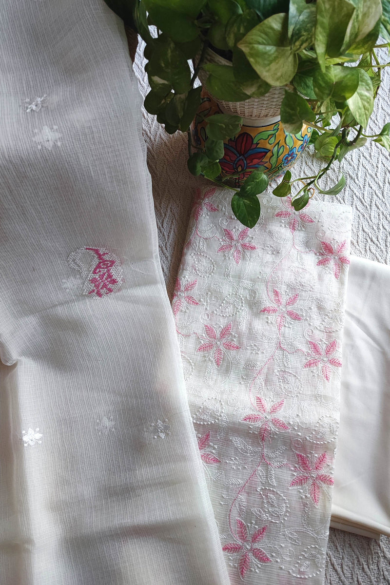 Off White Kota Embroidered Suit with Pink Floral Work & Cotton Bottom