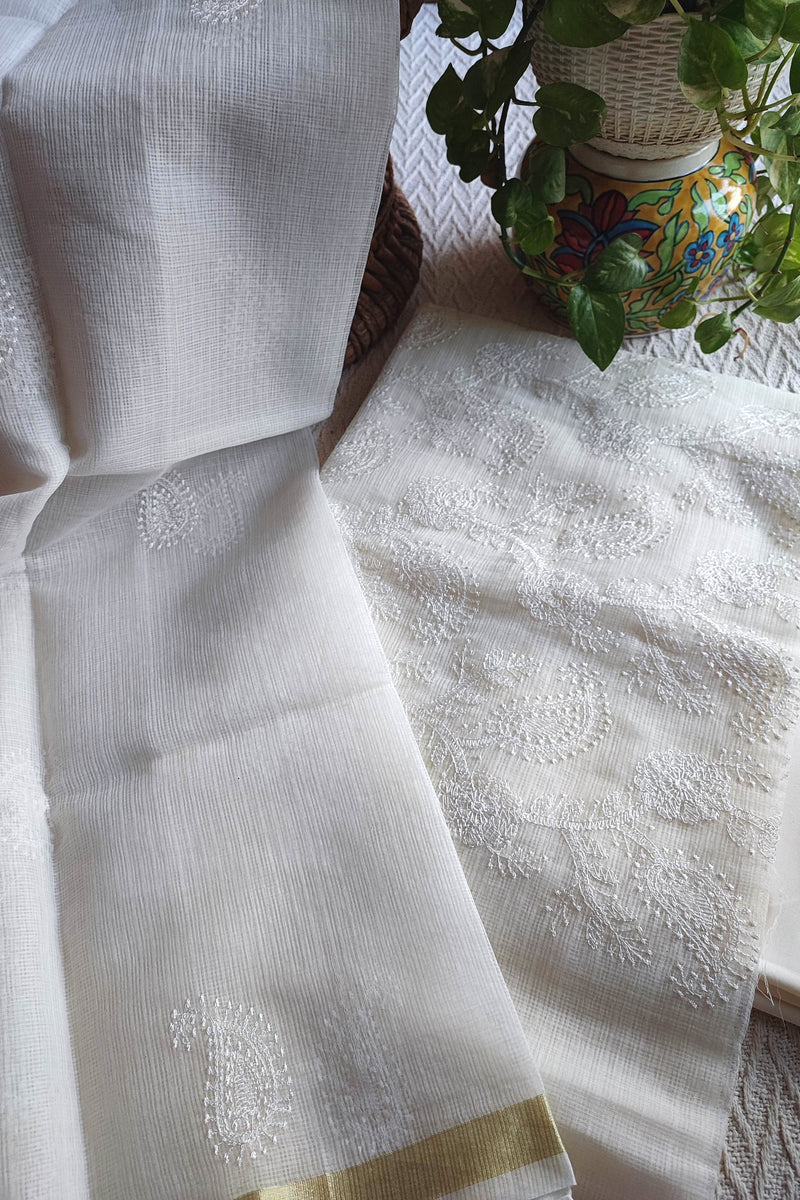 OffWhite Kota Embroidered Suit with Cotton Bottom