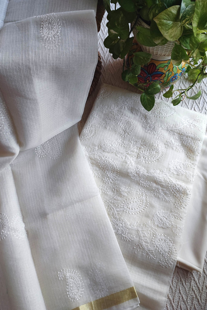 OffWhite Kota Embroidered Suit with Cotton Bottom