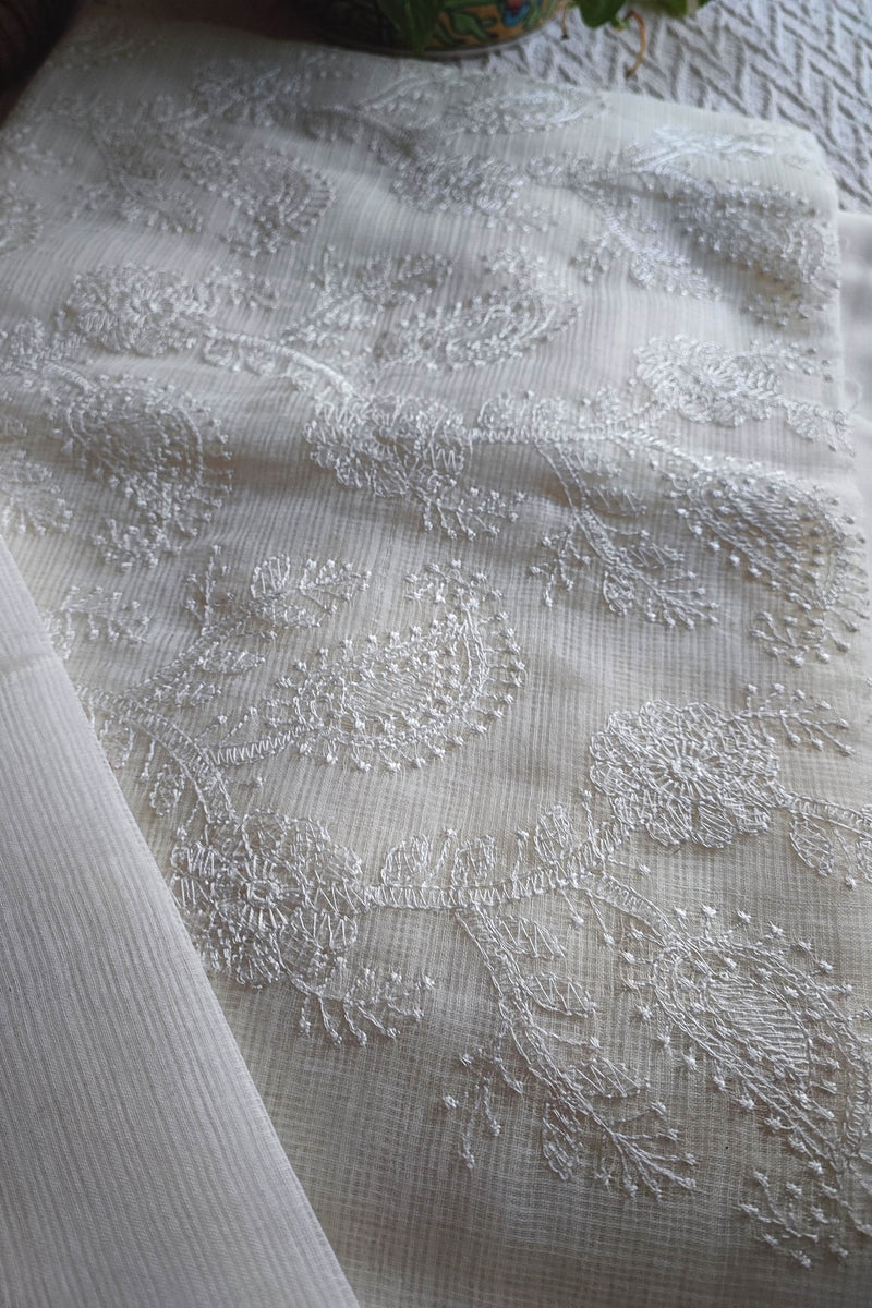 OffWhite Kota Embroidered Suit with Cotton Bottom
