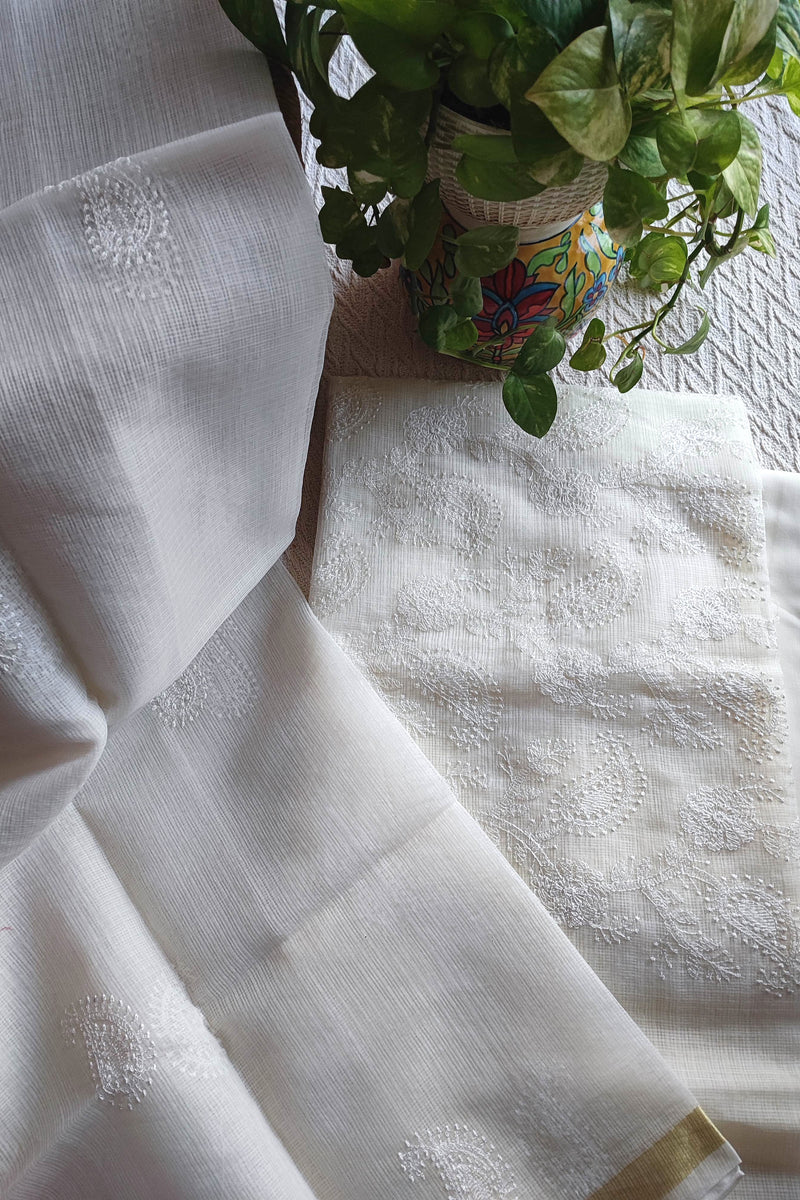 OffWhite Kota Embroidered Suit with Cotton Bottom