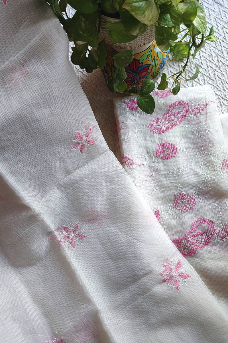 Ivory White Kota Embroidered Suit with Cotton Bottom