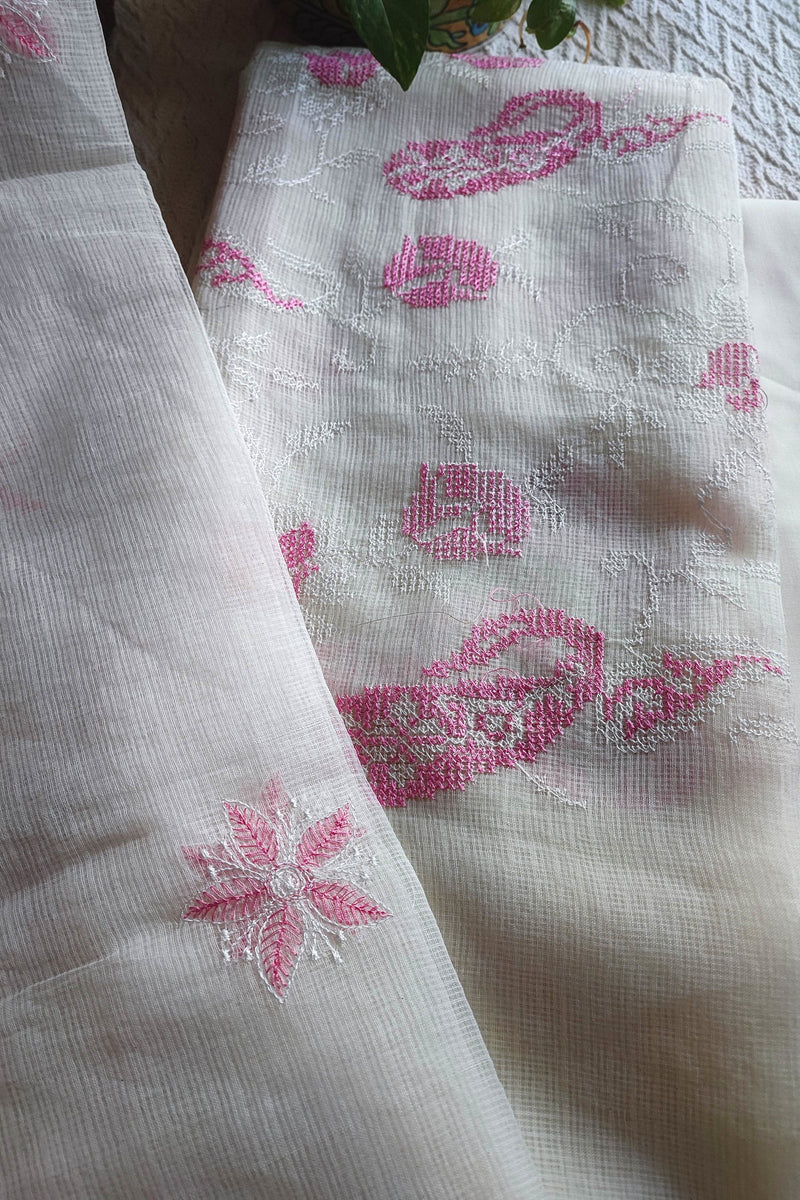 Ivory White Kota Embroidered Suit with Cotton Bottom