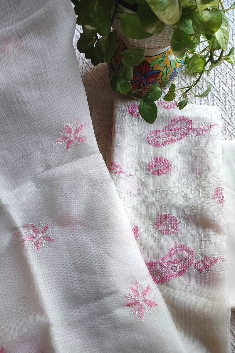 Ivory White Kota Embroidered Suit with Cotton Bottom