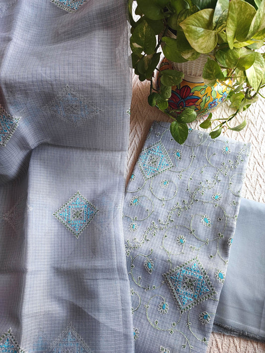 Steel Grey Kota Embroidered Suit with Cotton Bottom