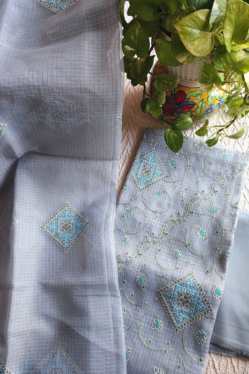 Steel Grey Kota Embroidered Suit with Cotton Bottom