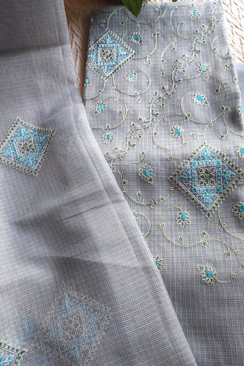 Steel Grey Kota Embroidered Suit with Cotton Bottom