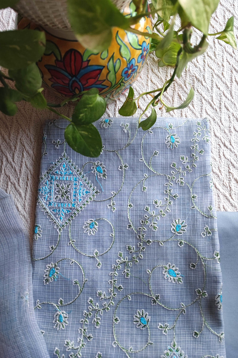 Steel Grey Kota Embroidered Suit with Cotton Bottom