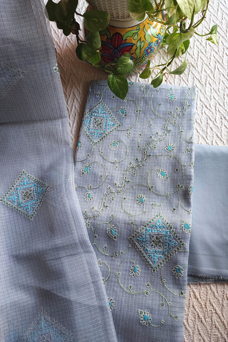 Steel Grey Kota Embroidered Suit with Cotton Bottom