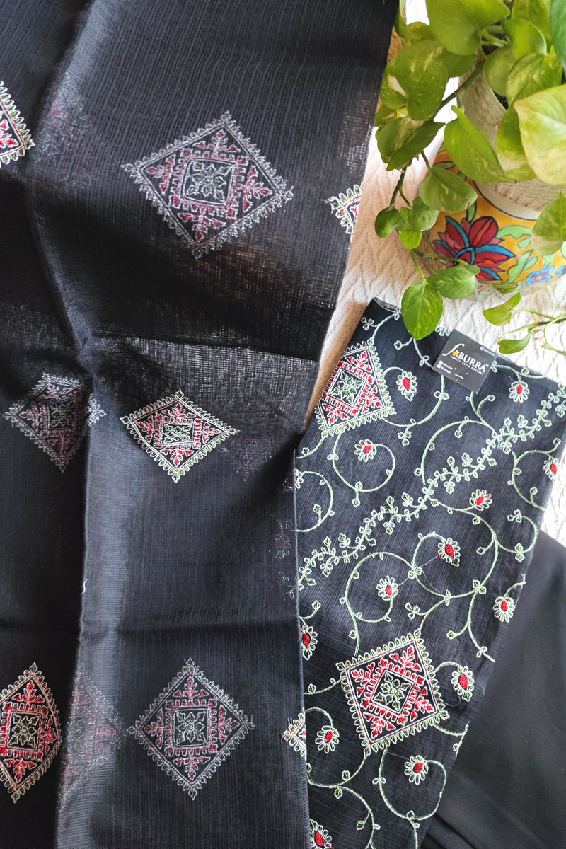 Classic Black Kota Embroidered Suit with Cotton Bottom