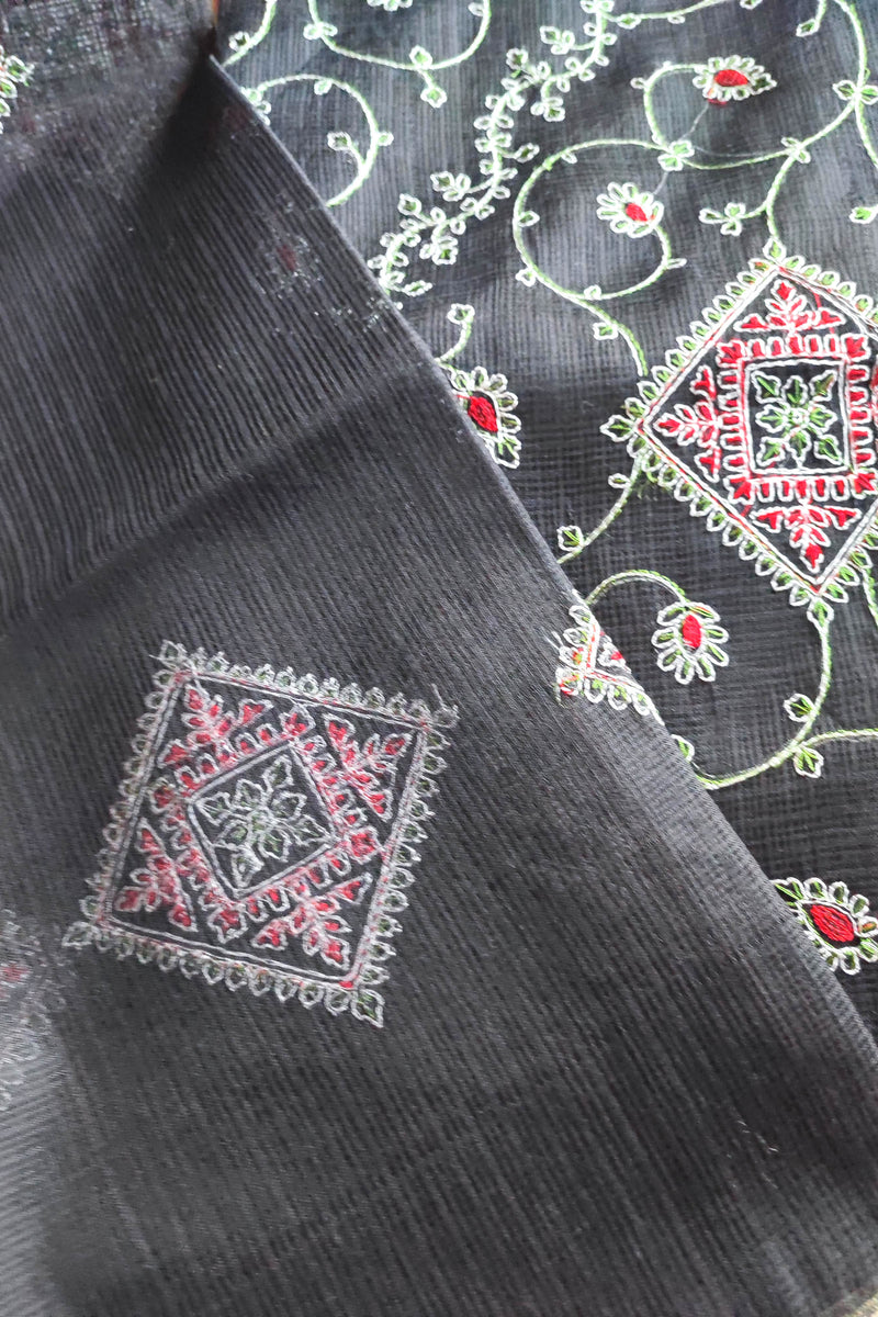 Classic Black Kota Embroidered Suit with Cotton Bottom