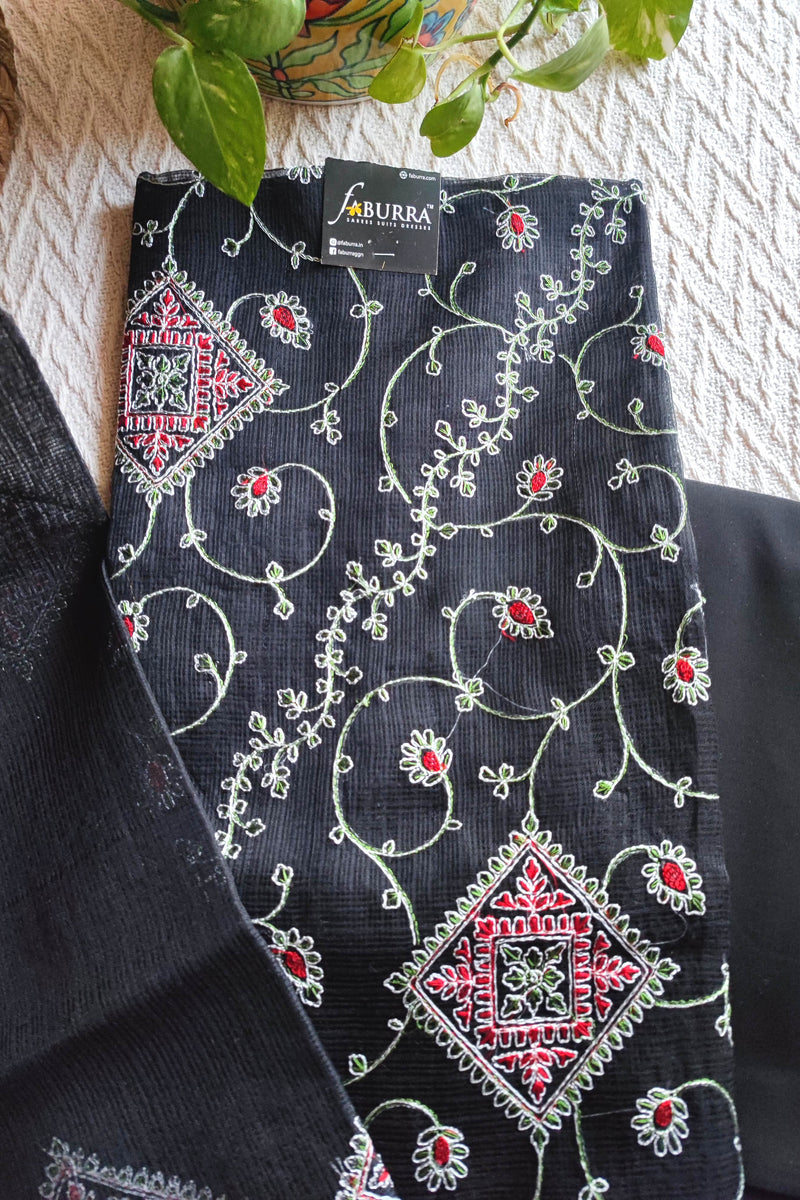 Classic Black Kota Embroidered Suit with Cotton Bottom