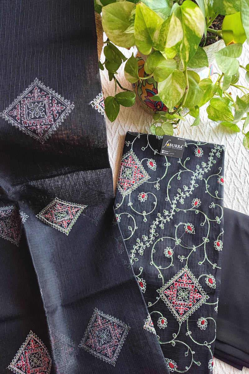 Classic Black Kota Embroidered Suit with Cotton Bottom