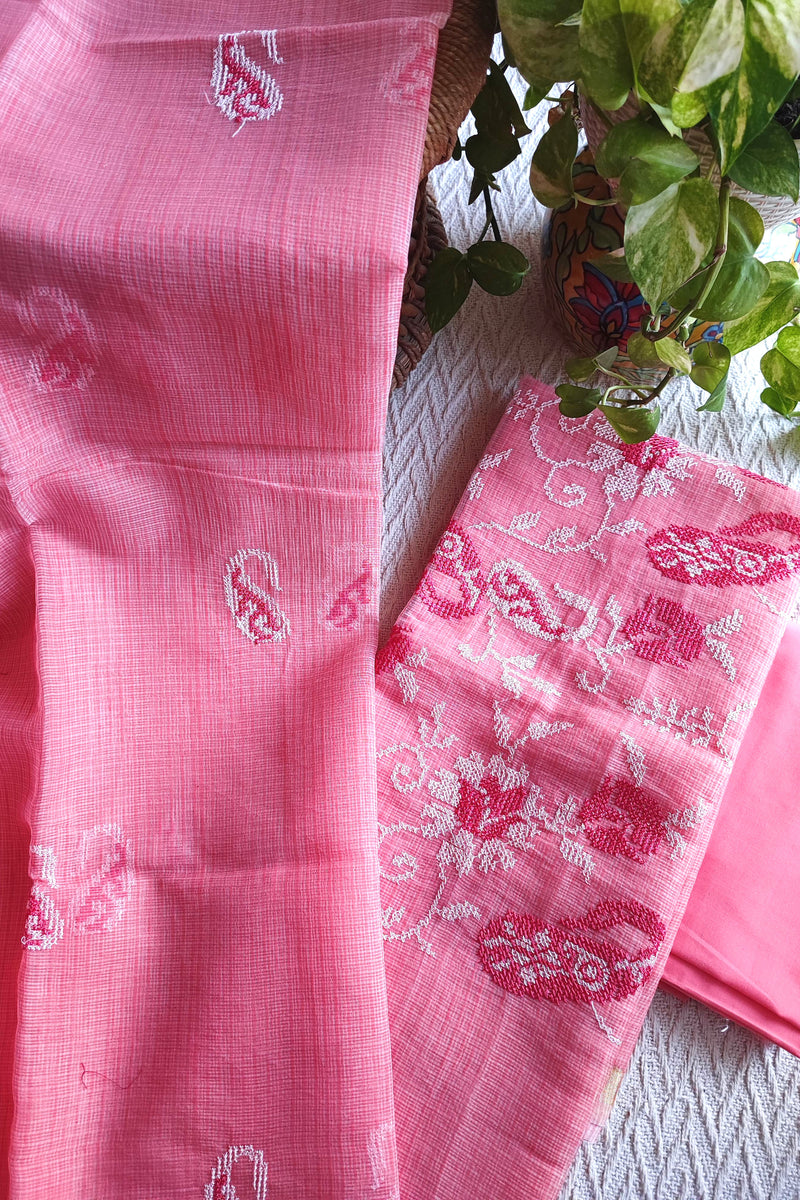 Coral Pink Kota Embroidered Suit with Cotton Bottom