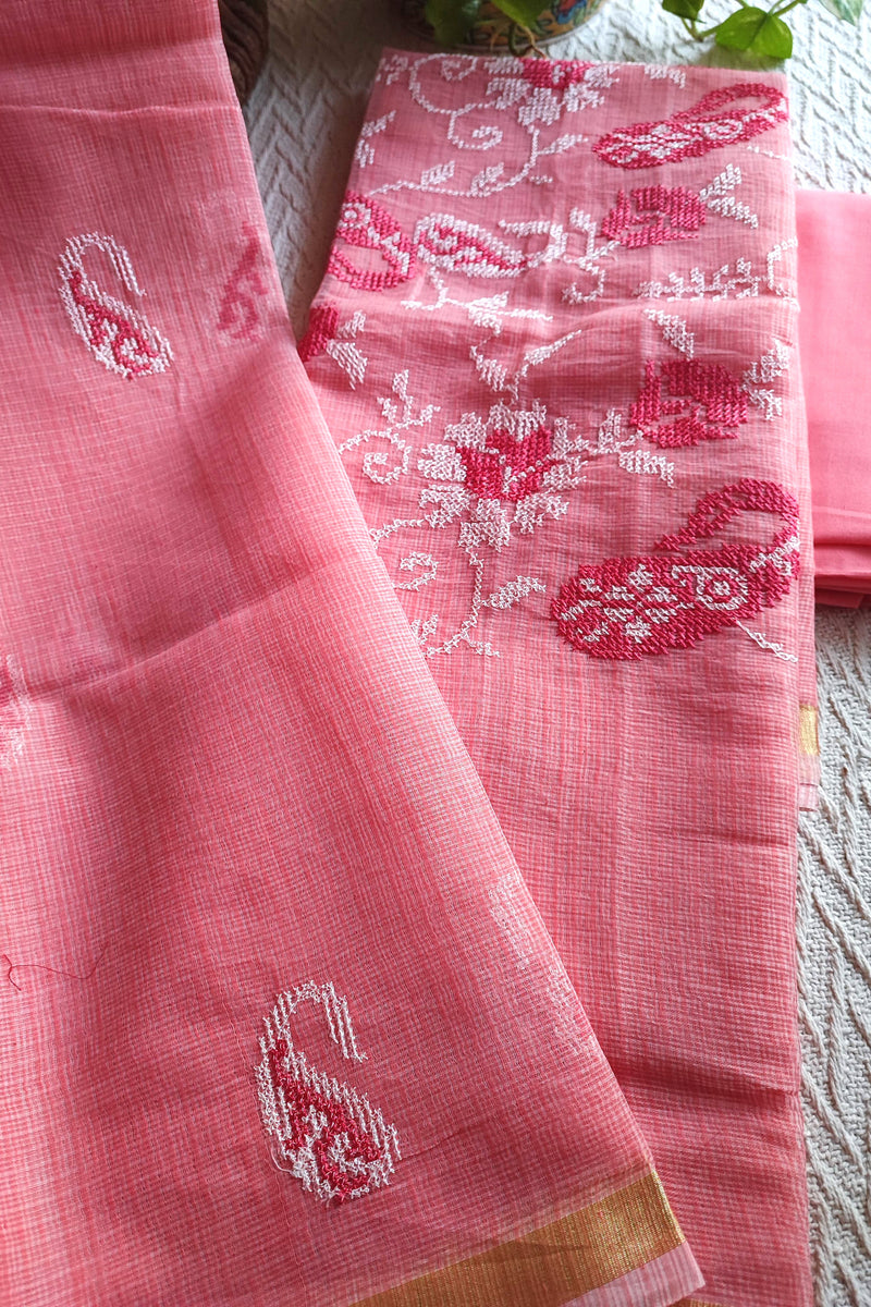Coral Pink Kota Embroidered Suit with Cotton Bottom