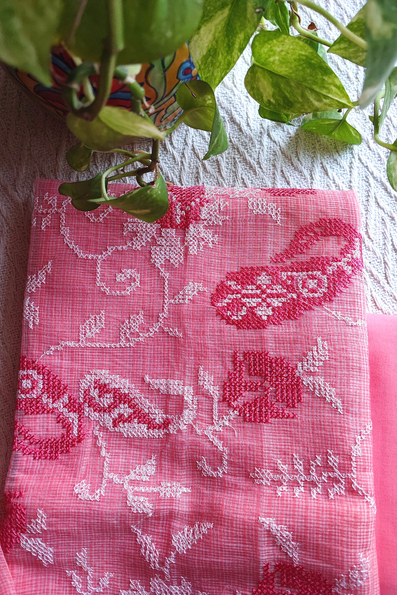 Coral Pink Kota Embroidered Suit with Cotton Bottom