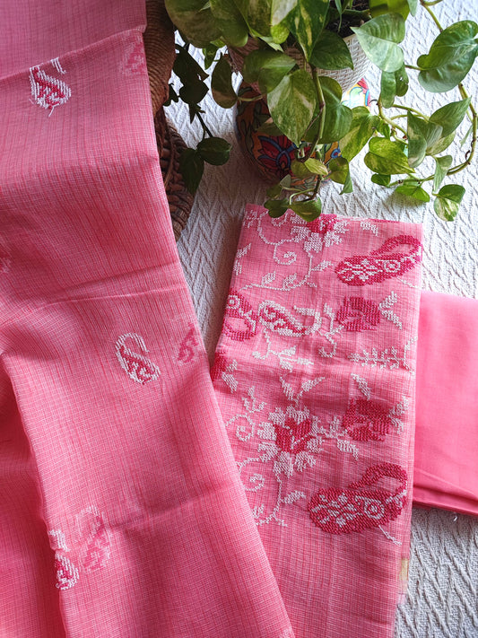 Coral Pink Kota Embroidered Suit with Cotton Bottom
