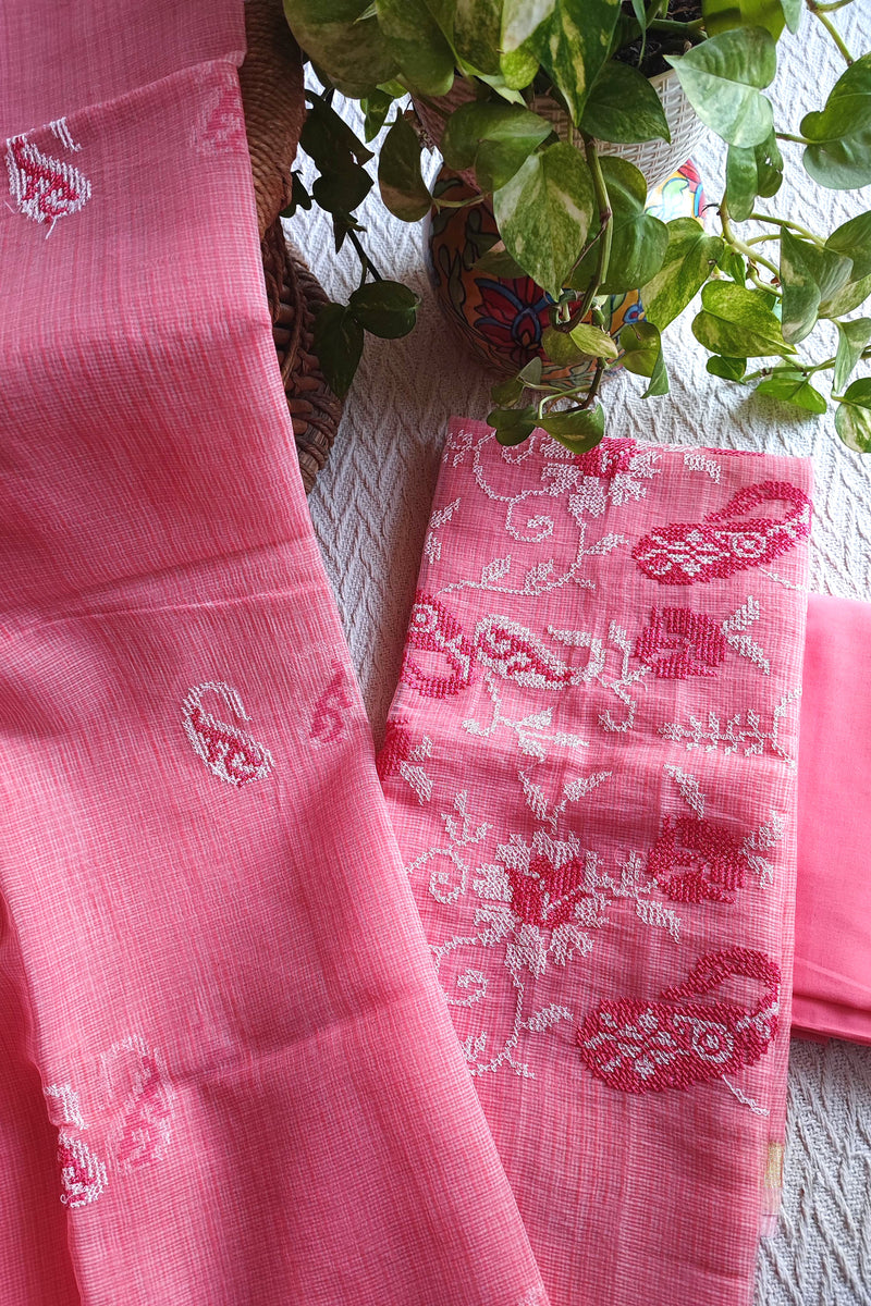 Coral Pink Kota Embroidered Suit with Cotton Bottom