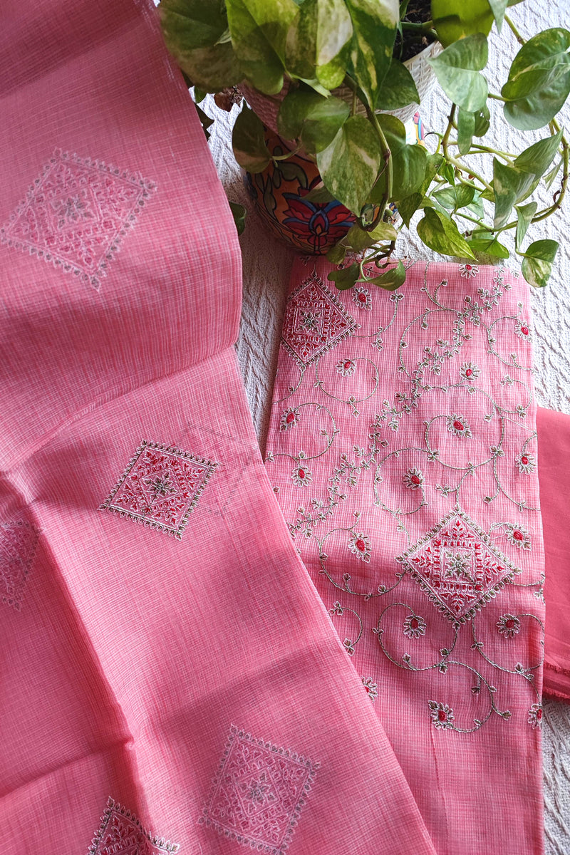 Blush Pink Kota Embroidered Suit with Cotton Bottom