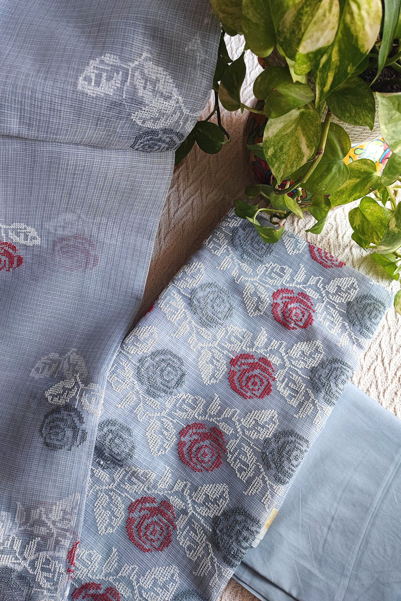Powder Blue Kota Embroidered Suit with Cotton Bottom