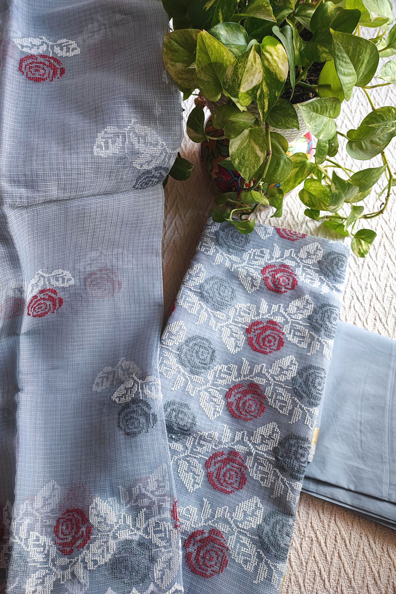 Powder Blue Kota Embroidered Suit with Cotton Bottom