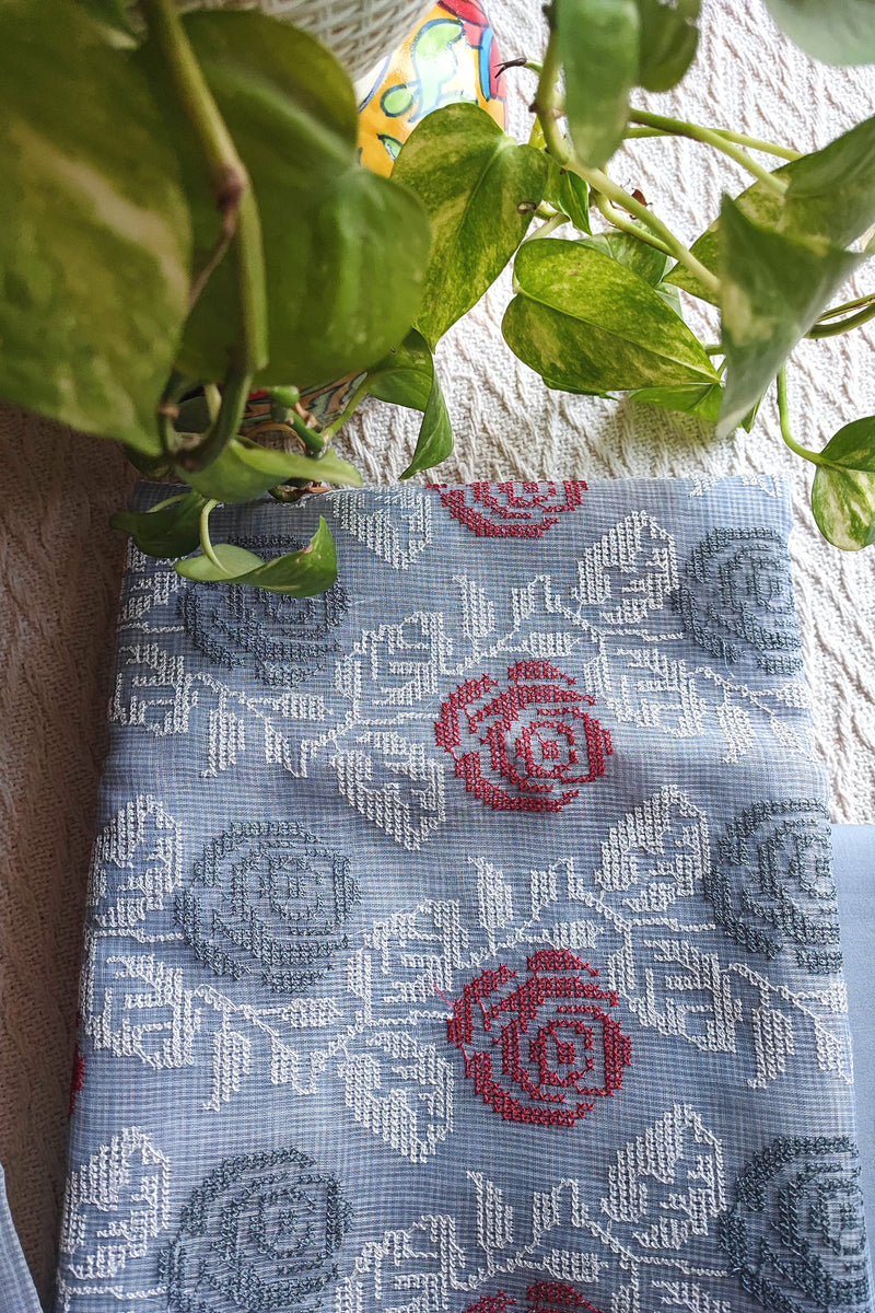 Powder Blue Kota Embroidered Suit with Cotton Bottom