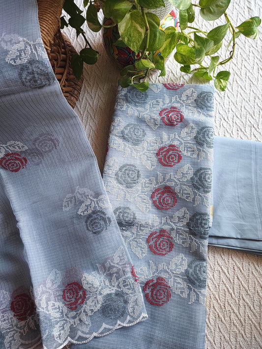 Powder Blue Kota Embroidered Suit with Cotton Bottom
