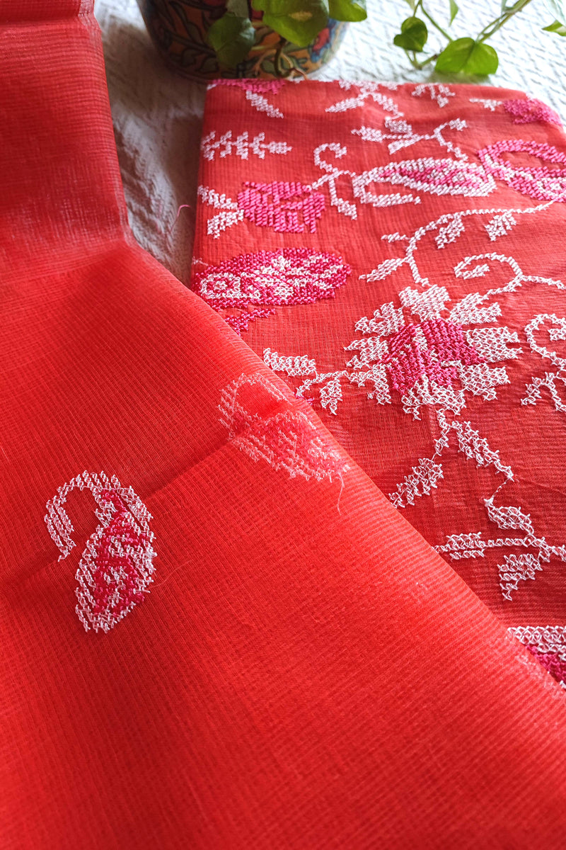 Coral Red Kota Embroidered Suit with Cotton Bottom