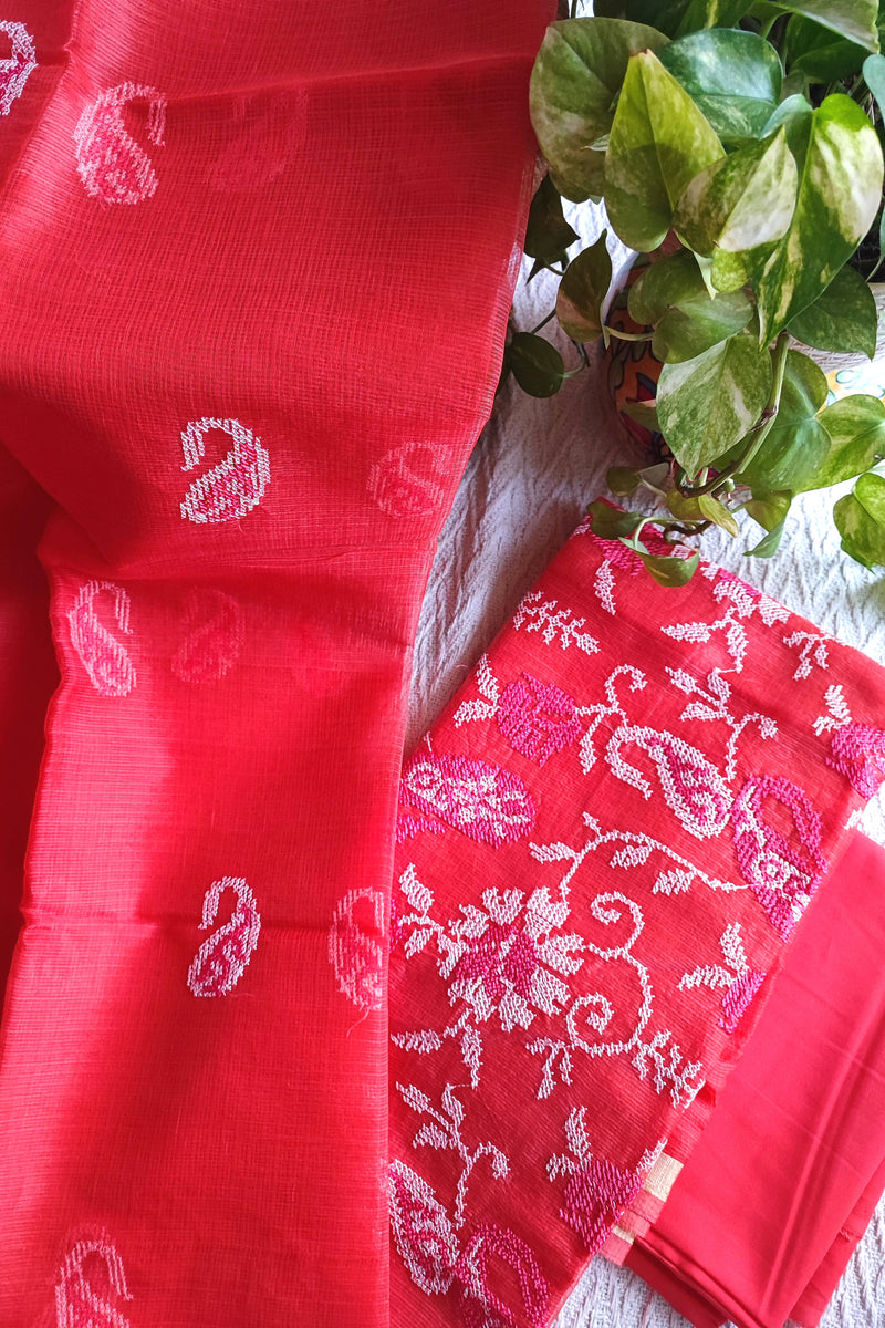 Coral Red Kota Embroidered Suit with Cotton Bottom