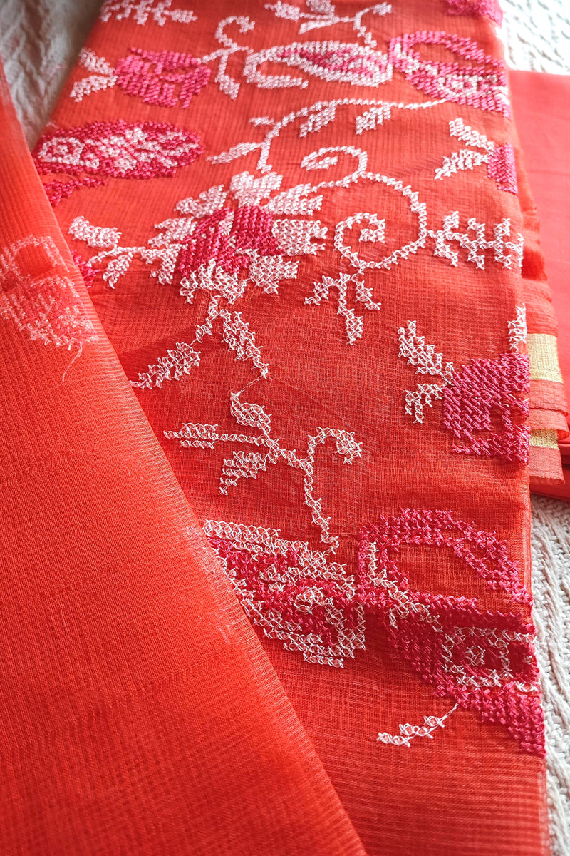 Coral Red Kota Embroidered Suit with Cotton Bottom