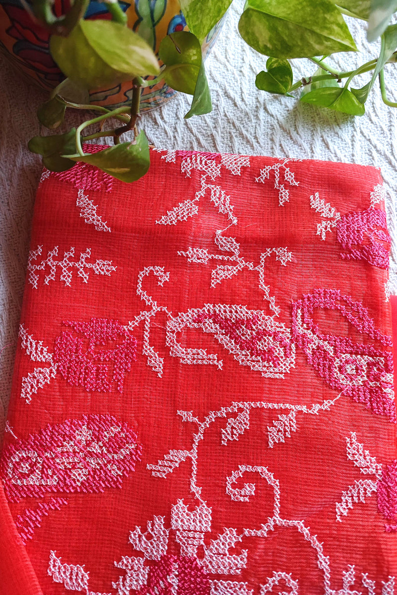 Coral Red Kota Embroidered Suit with Cotton Bottom