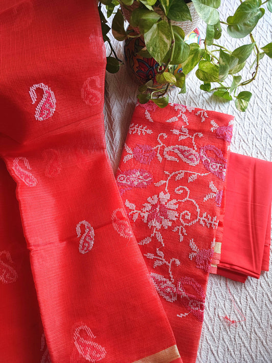 Coral Red Kota Embroidered Suit with Cotton Bottom