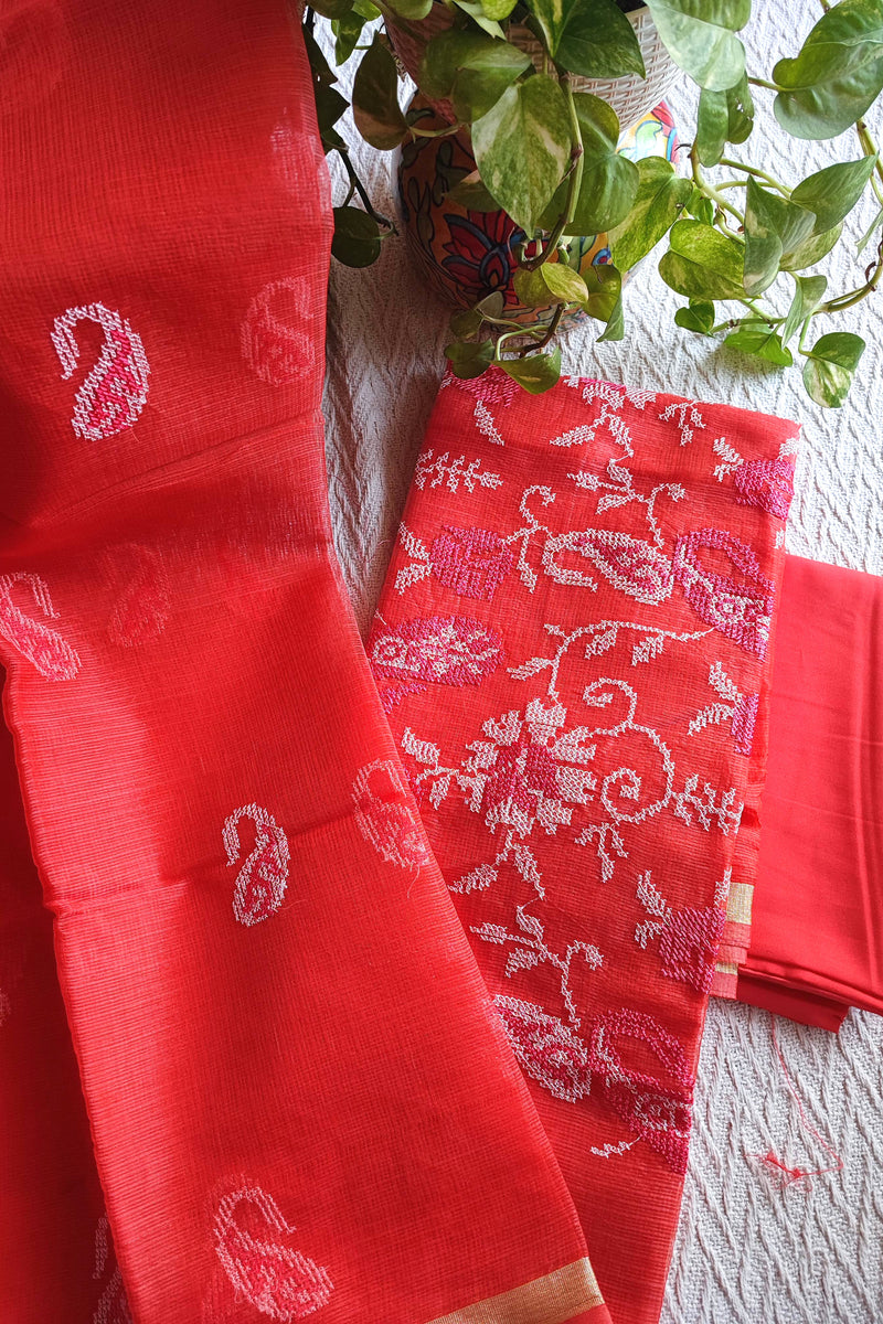 Coral Red Kota Embroidered Suit with Cotton Bottom