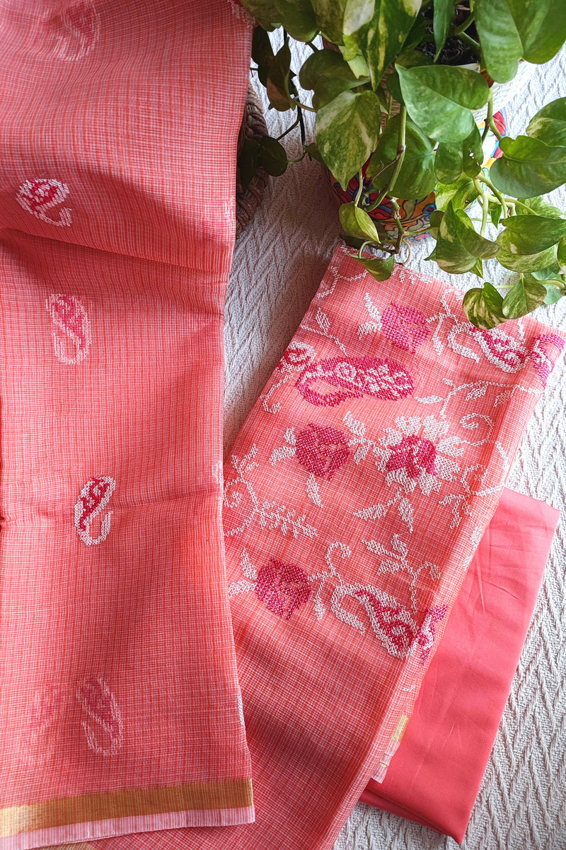 Coral Pink Kota Embroidered Suit with Cotton Bottom