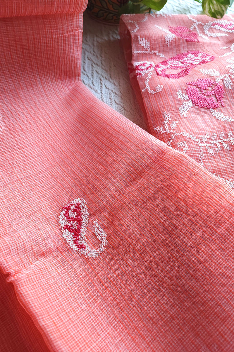 Coral Pink Kota Embroidered Suit with Cotton Bottom