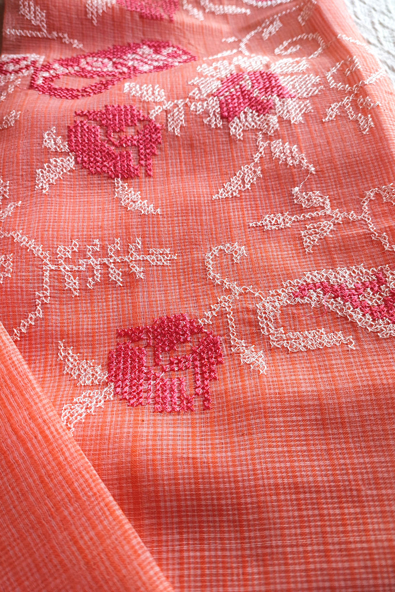 Coral Pink Kota Embroidered Suit with Cotton Bottom