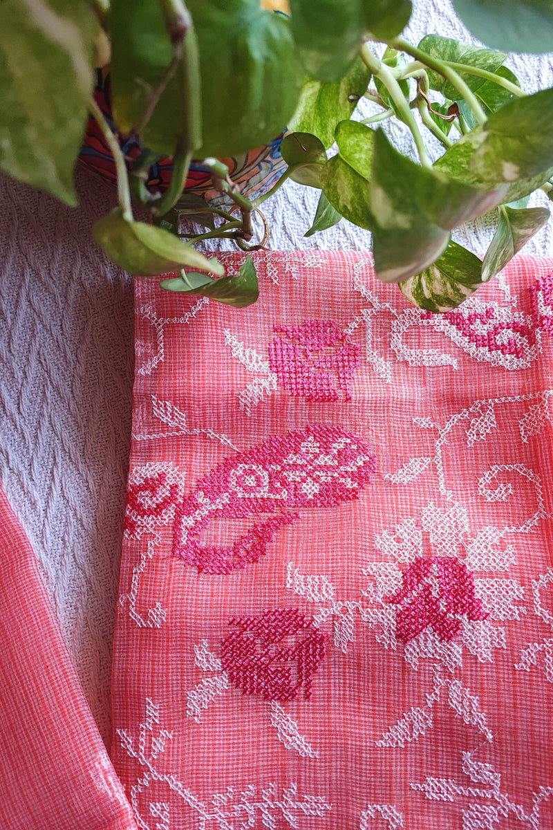 Coral Pink Kota Embroidered Suit with Cotton Bottom