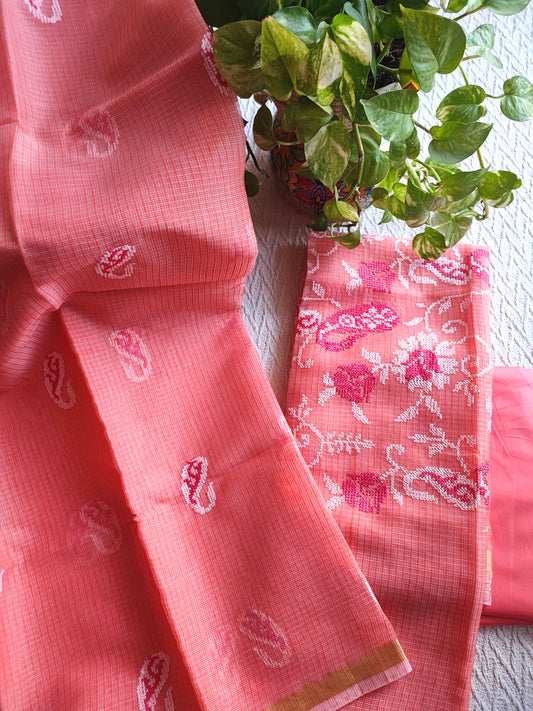 Coral Pink Kota Embroidered Suit with Cotton Bottom