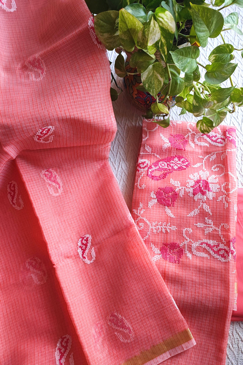 Coral Pink Kota Embroidered Suit with Cotton Bottom