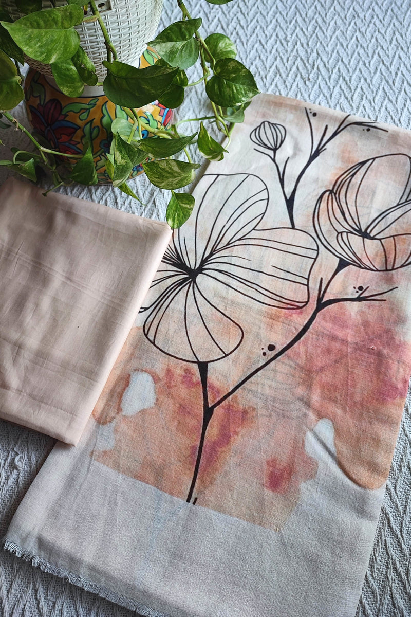 Beige Abstract Linen Printed Kurta Fabric with Blush Cotton Pant Material – Modern Floral Suit Fabric