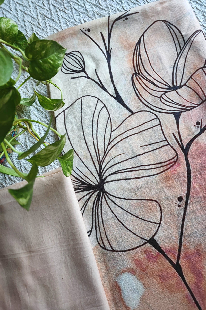 Beige Abstract Linen Printed Kurta Fabric with Blush Cotton Pant Material – Modern Floral Suit Fabric