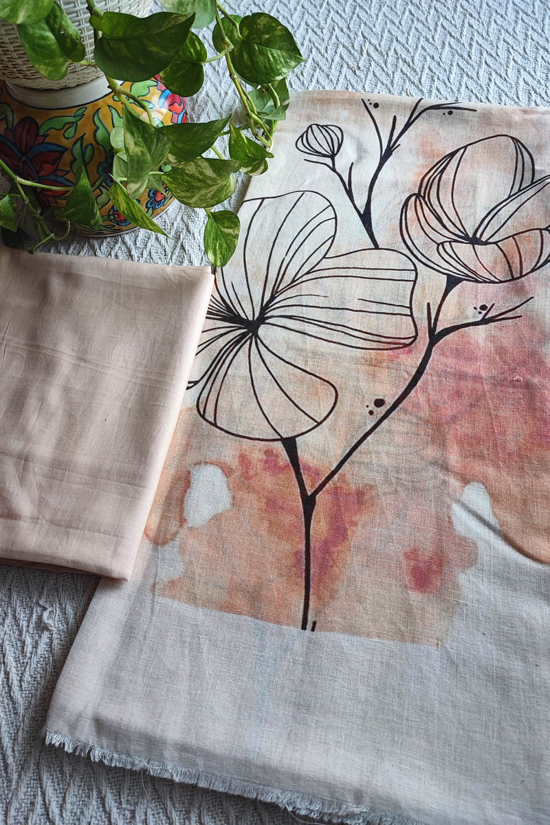 Beige Abstract Linen Printed Kurta Fabric with Blush Cotton Pant Material – Modern Floral Suit Fabric
