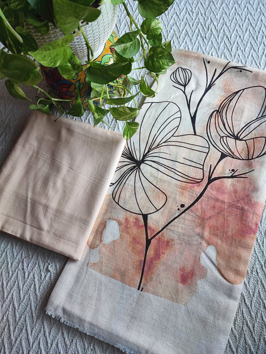 Beige Abstract Linen Printed Kurta Fabric with Blush Cotton Pant Material – Modern Floral Suit Fabric
