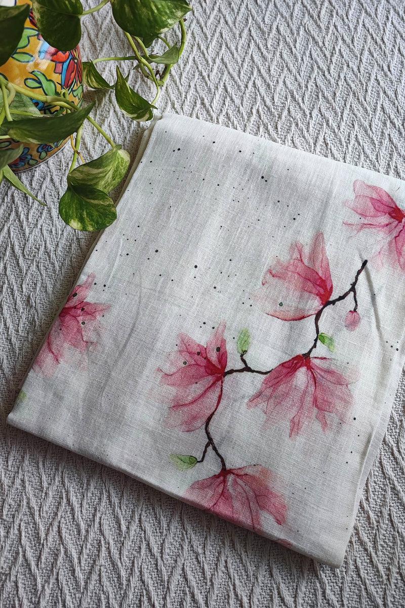 Ivory Linen Magnolia Print Kurta Fabric with Fuchsia Cotton Pant Material – Elegant Floral Suit Set