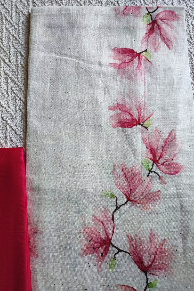 Ivory Linen Magnolia Print Kurta Fabric with Fuchsia Cotton Pant Material – Elegant Floral Suit Set