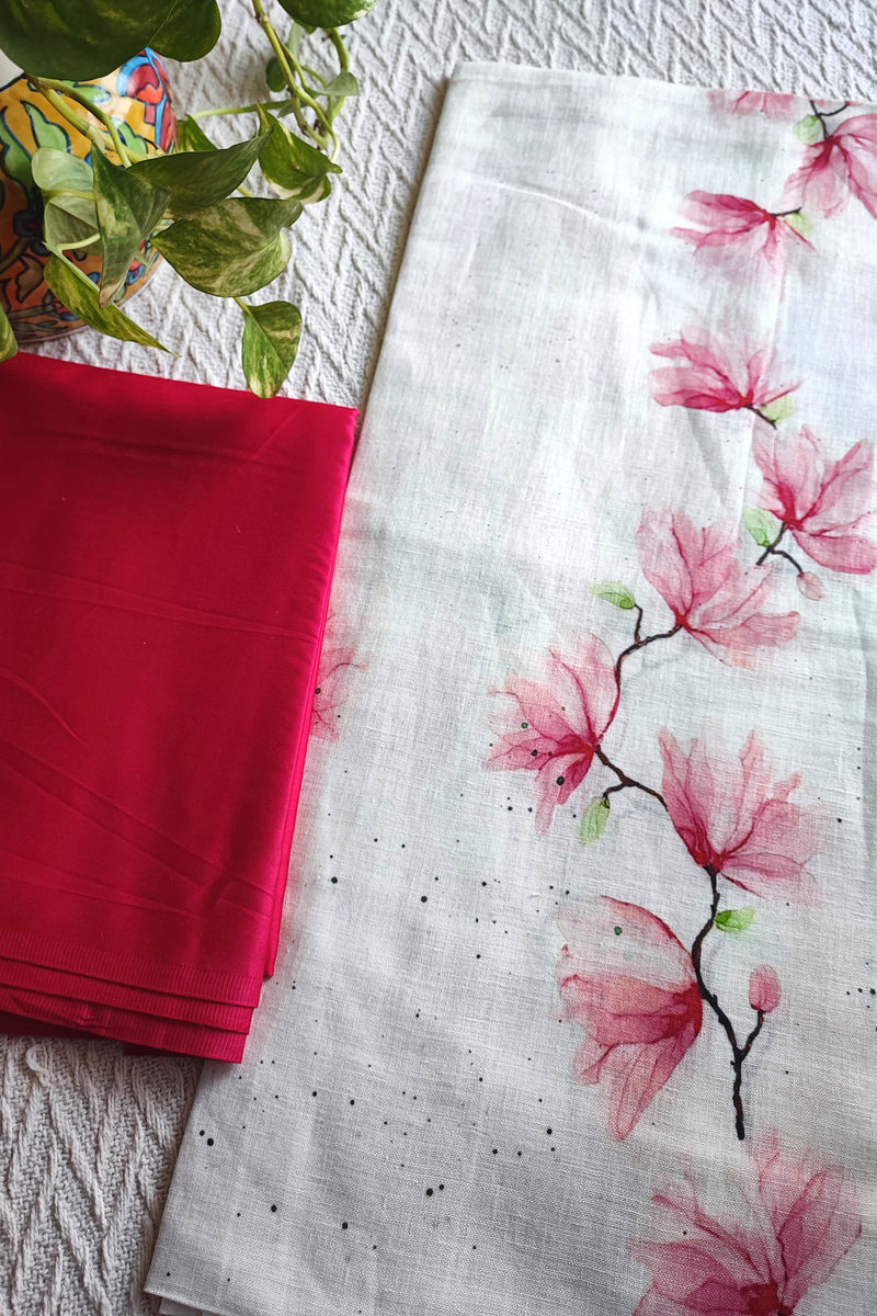 Ivory Linen Magnolia Print Kurta Fabric with Fuchsia Cotton Pant Material – Elegant Floral Suit Set